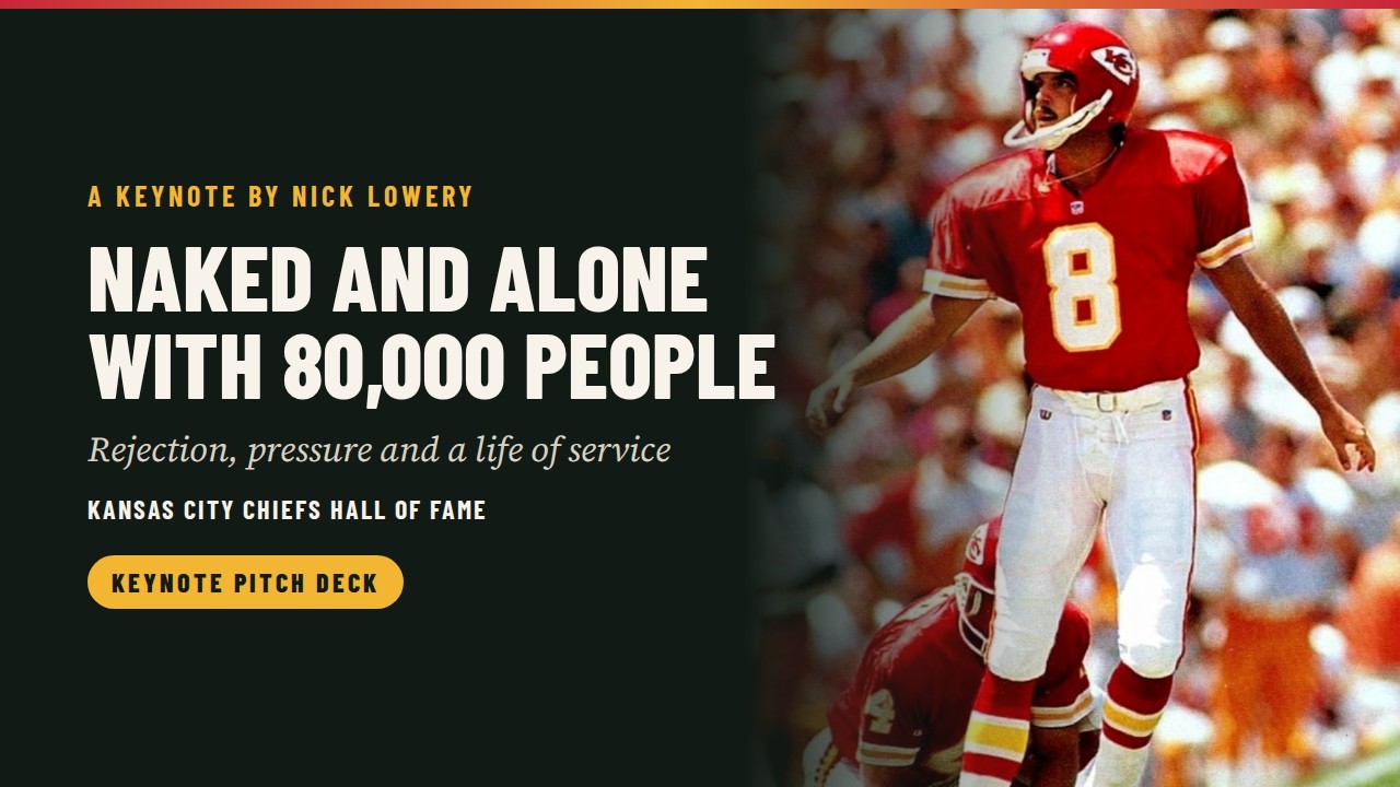 Cover of the Nick Lowery keynote pitch deck